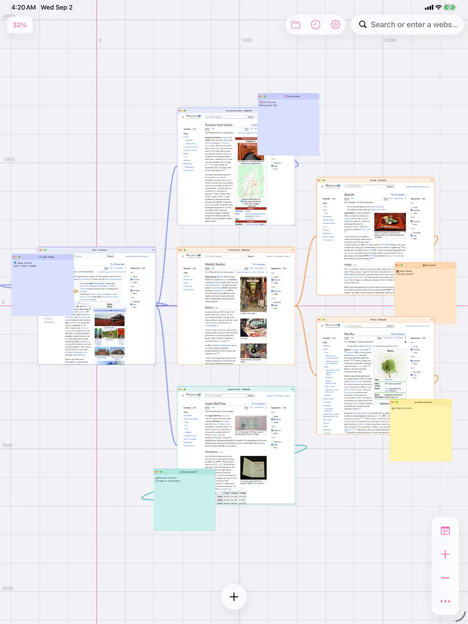 A Web Canvas workspace of browser windows about a Kyoto trip, color coded into groups, joined by curved connection lines, with sticky notes tucked against them