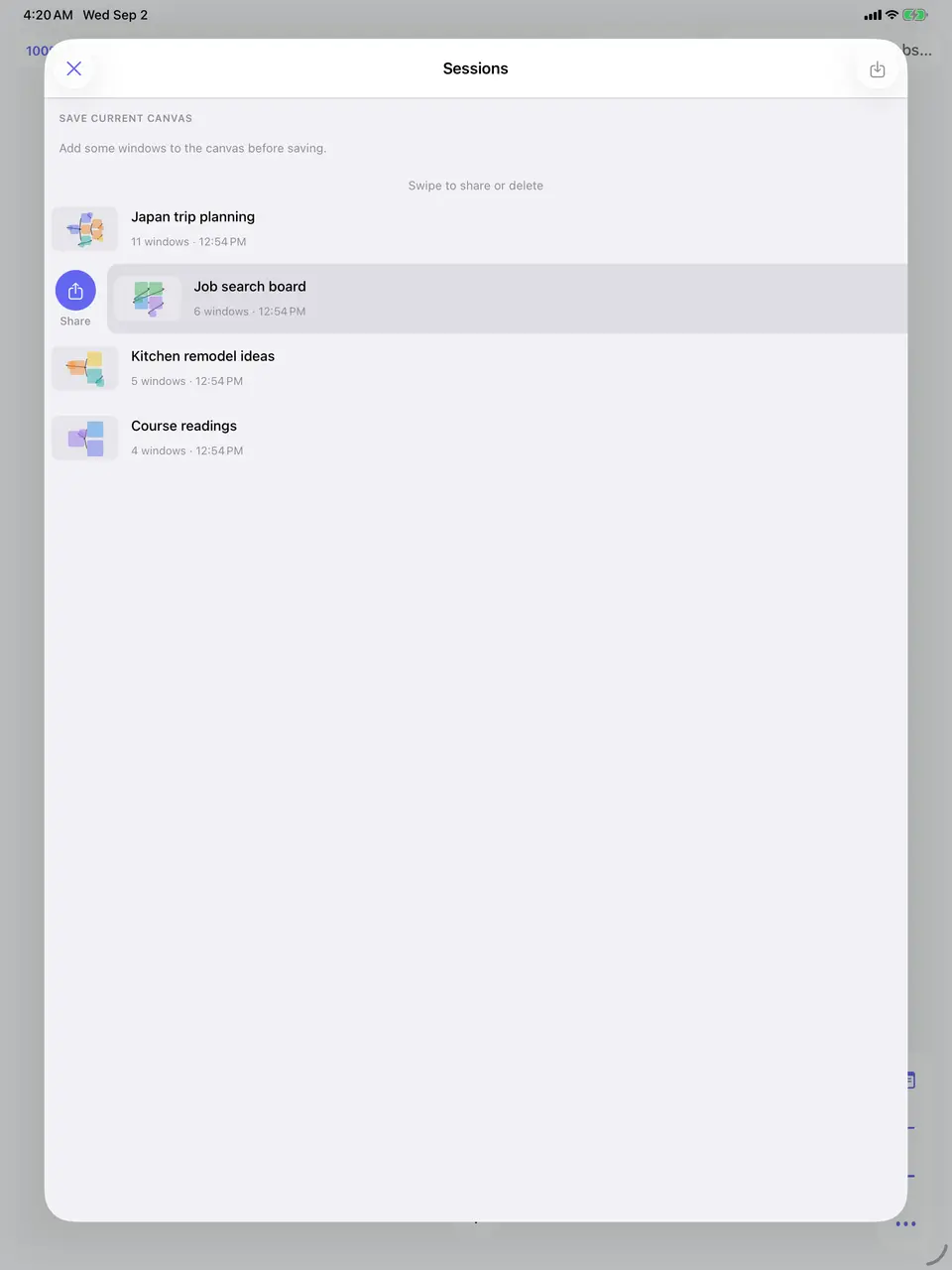 The saved sessions list showing Japan trip planning, Job search board, Kitchen remodel ideas, and Course readings, one swiped open to reveal a Share button