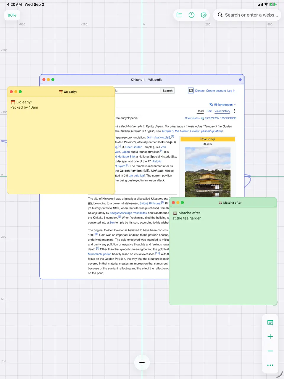 A browser window on the canvas with two sticky notes overlapping its edges, one reading "Go early! Packed by 10am" and one reading "Matcha after at the tea garden"